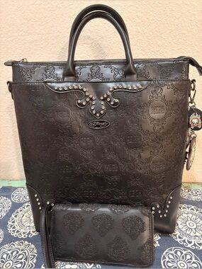 Ed Hardy Blk Faux Leather Backpack Tote w/ Matching Wallet